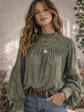 Anthropologie Boho Lace Smocked Blouse S